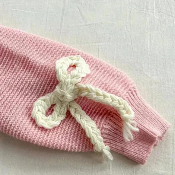 Pink Casual Women's Round Neck Chest Tie Bow Design Long-Sleeved Knit Pullover - Picture 3 of 3